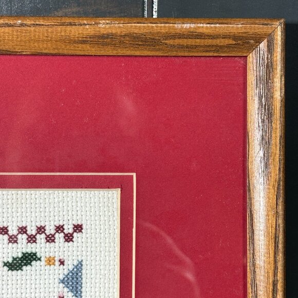 Vintage Christmas Cross Stitch Art Framed Holiday Needlepoint Wall Hanging - Picture 10 of 15